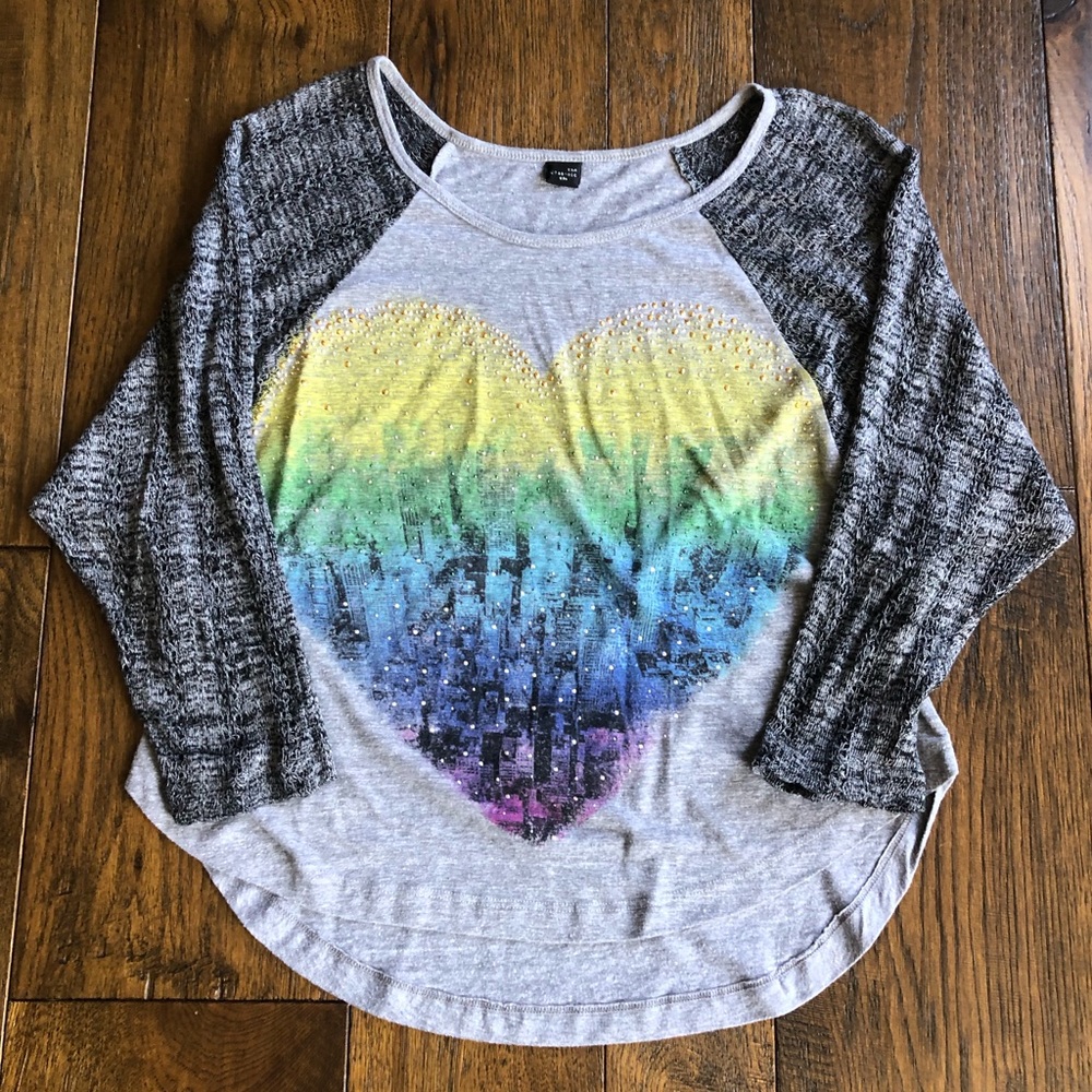 Colorful Rainbow Heart on Gray 3/4 sleeve shirt